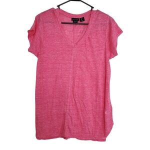 Tahari Pink V Neck Short Cap Sleeve 100% Linen Vent Sides Tee Shirt Casual Lg‎